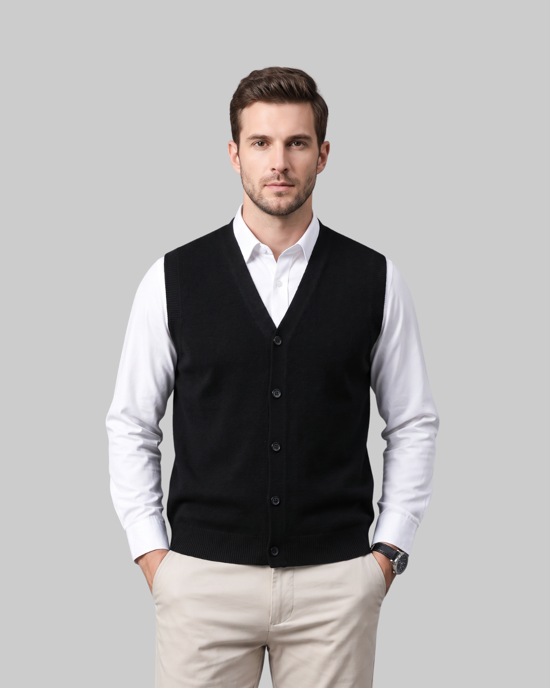 Men's Button-Front Casual Vest in black.