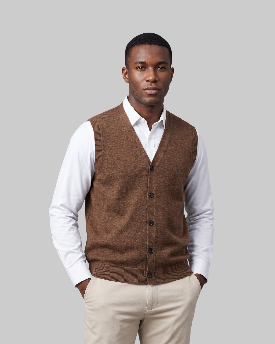 Men's Button-Front Casual Vest in coffee.