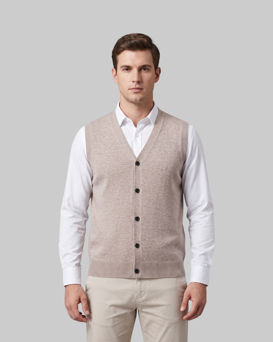Men's Button-Front Casual Vest in khaki.