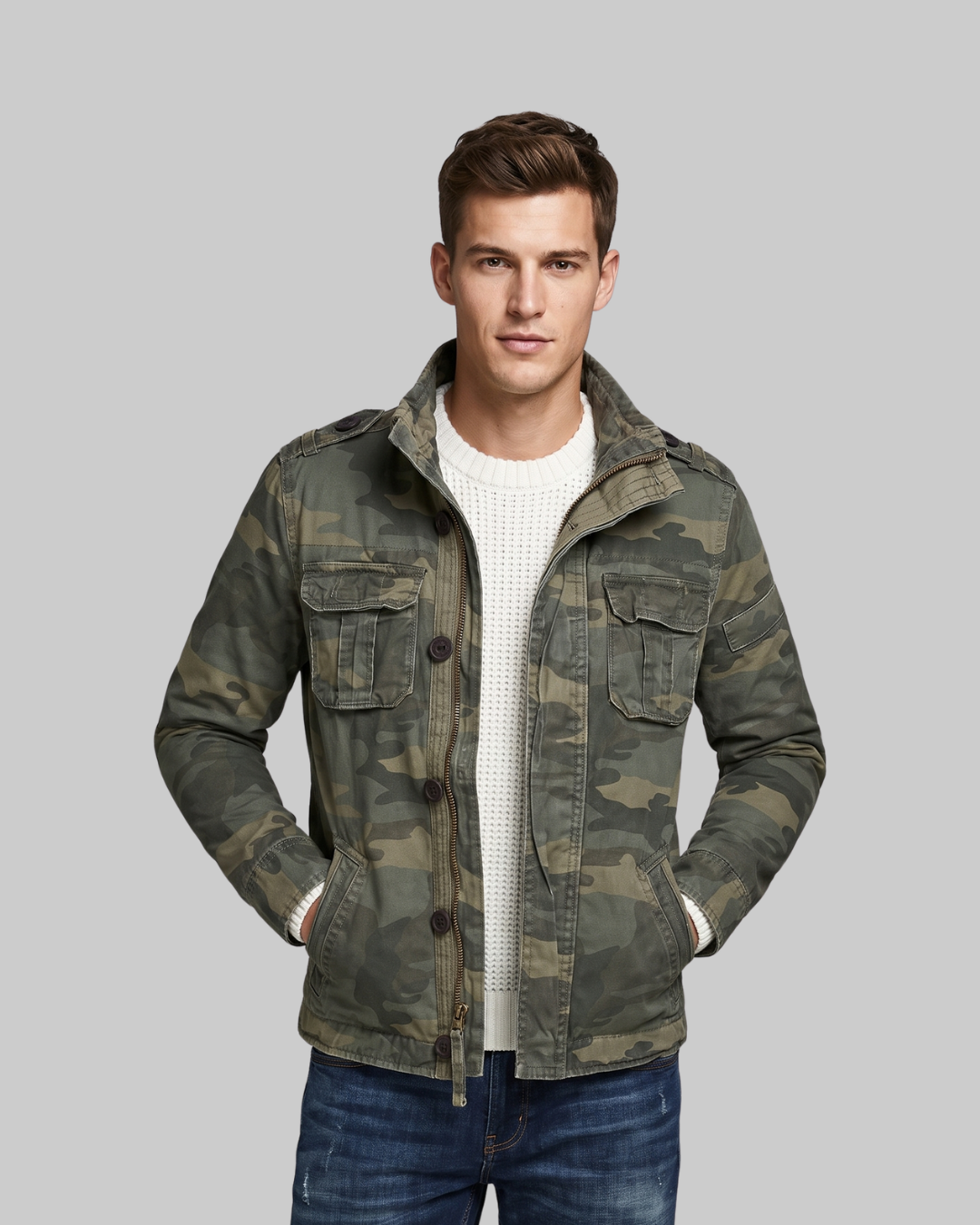 Men's Camo Winter Jacket in green camouflage.