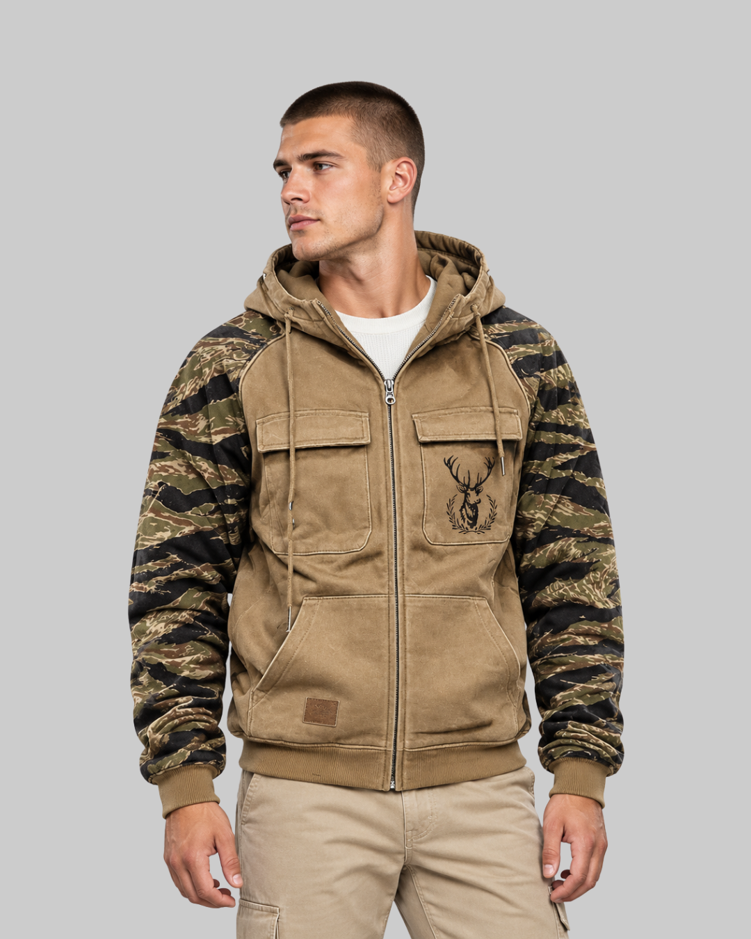 Men's Cargo Pocket Zip Hoodie in beige.