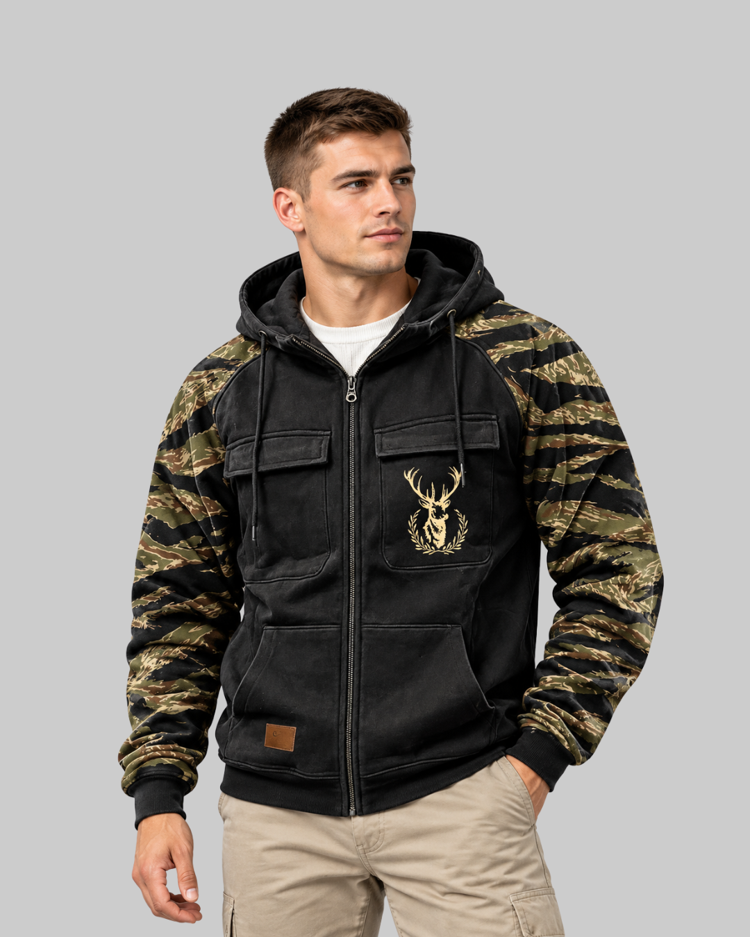Men's Cargo Pocket Zip Hoodie in black.