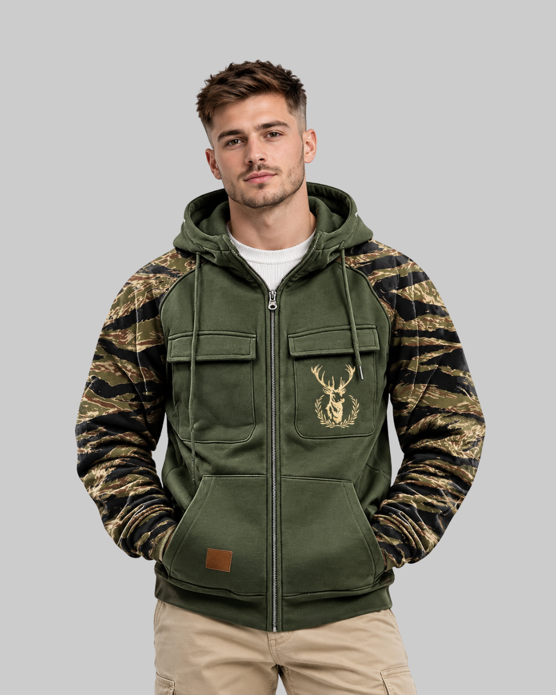 Men's Cargo Pocket Zip Hoodie in green.