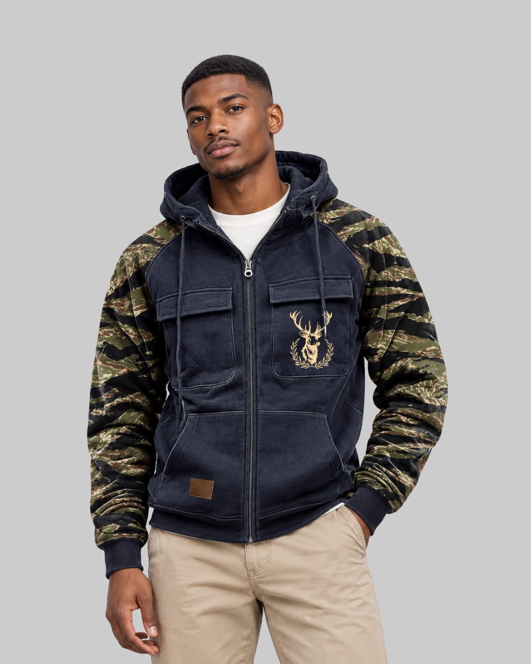 Men's Cargo Pocket Zip Hoodie in navy blue.