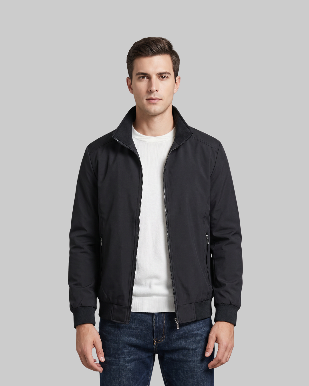 Men's Check Interior Bomber Jacket in black.