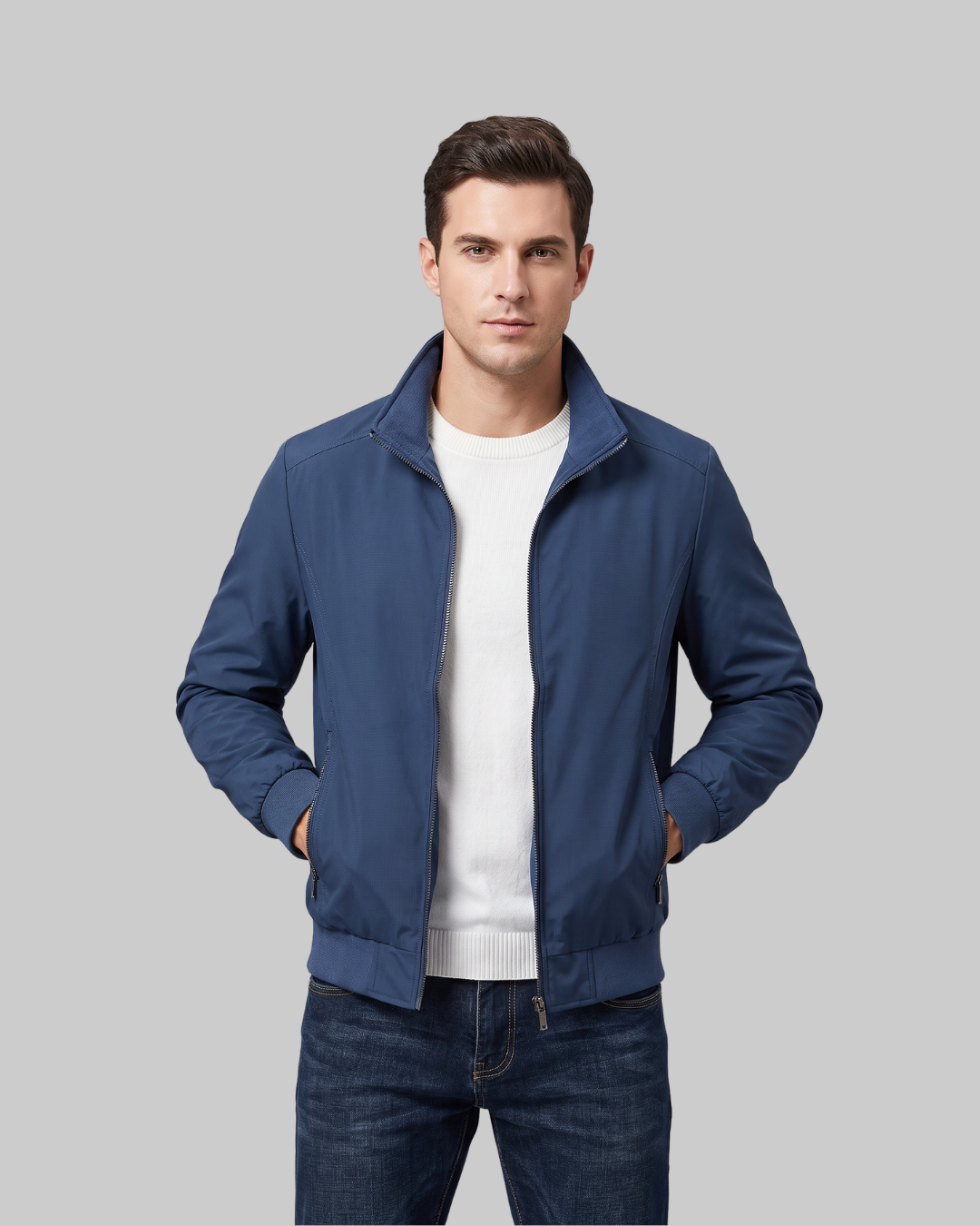Men's Check Interior Bomber Jacket in blue.