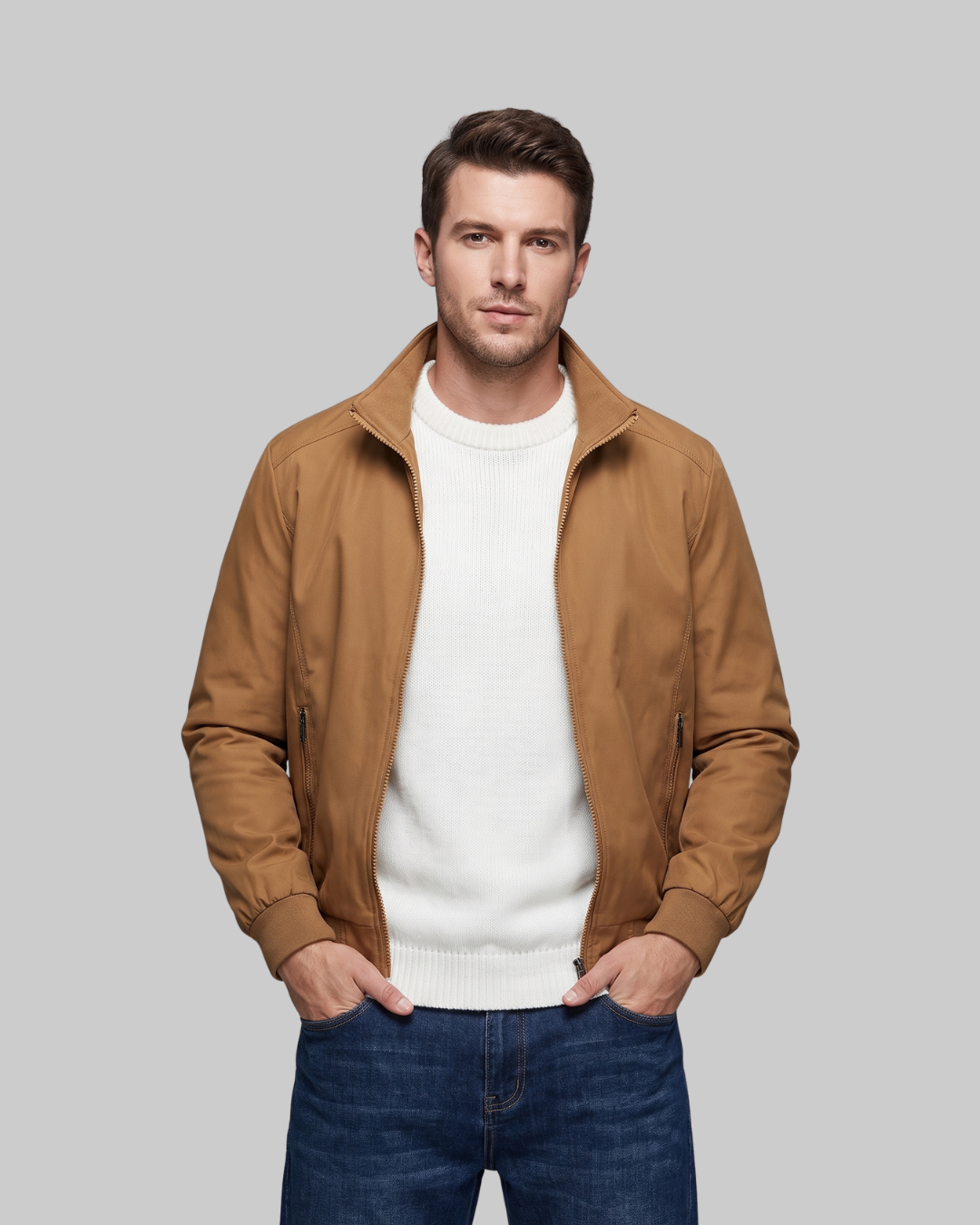 Men's Check Interior Bomber Jacket in khaki.