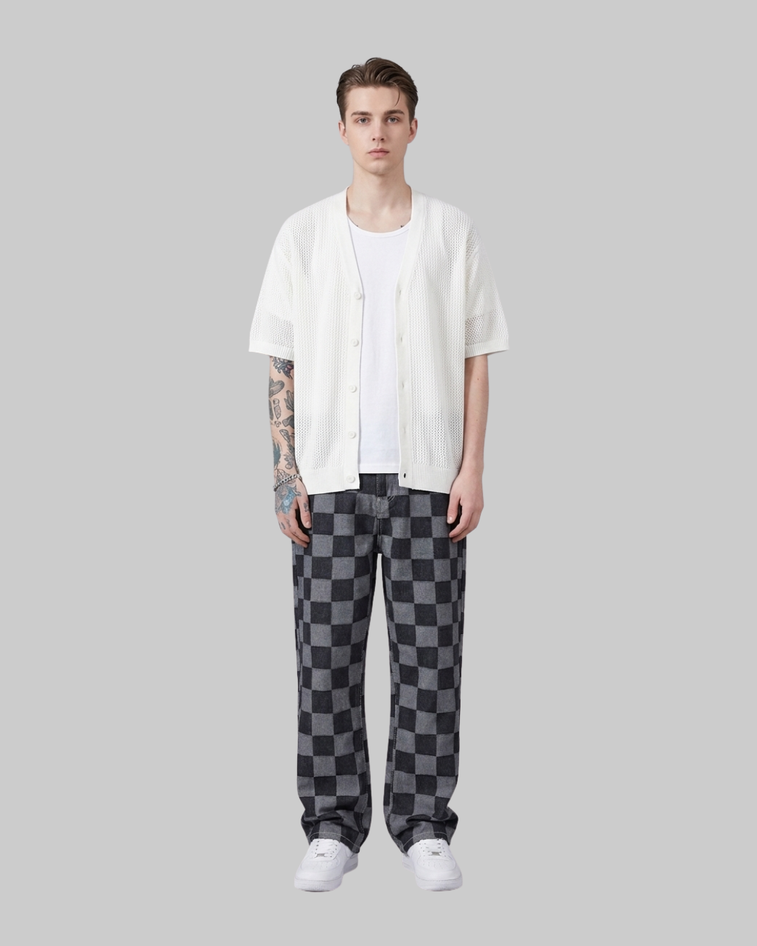 Men's Check Pattern Straight Jeans in black.