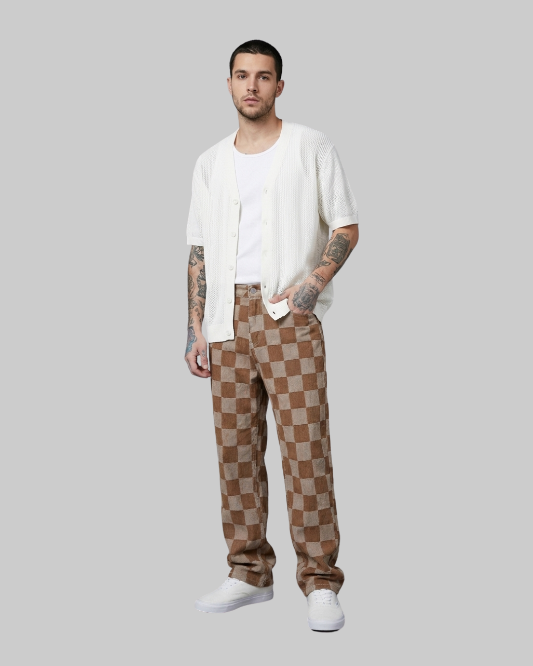 Men's Check Pattern Straight Jeans in brown.