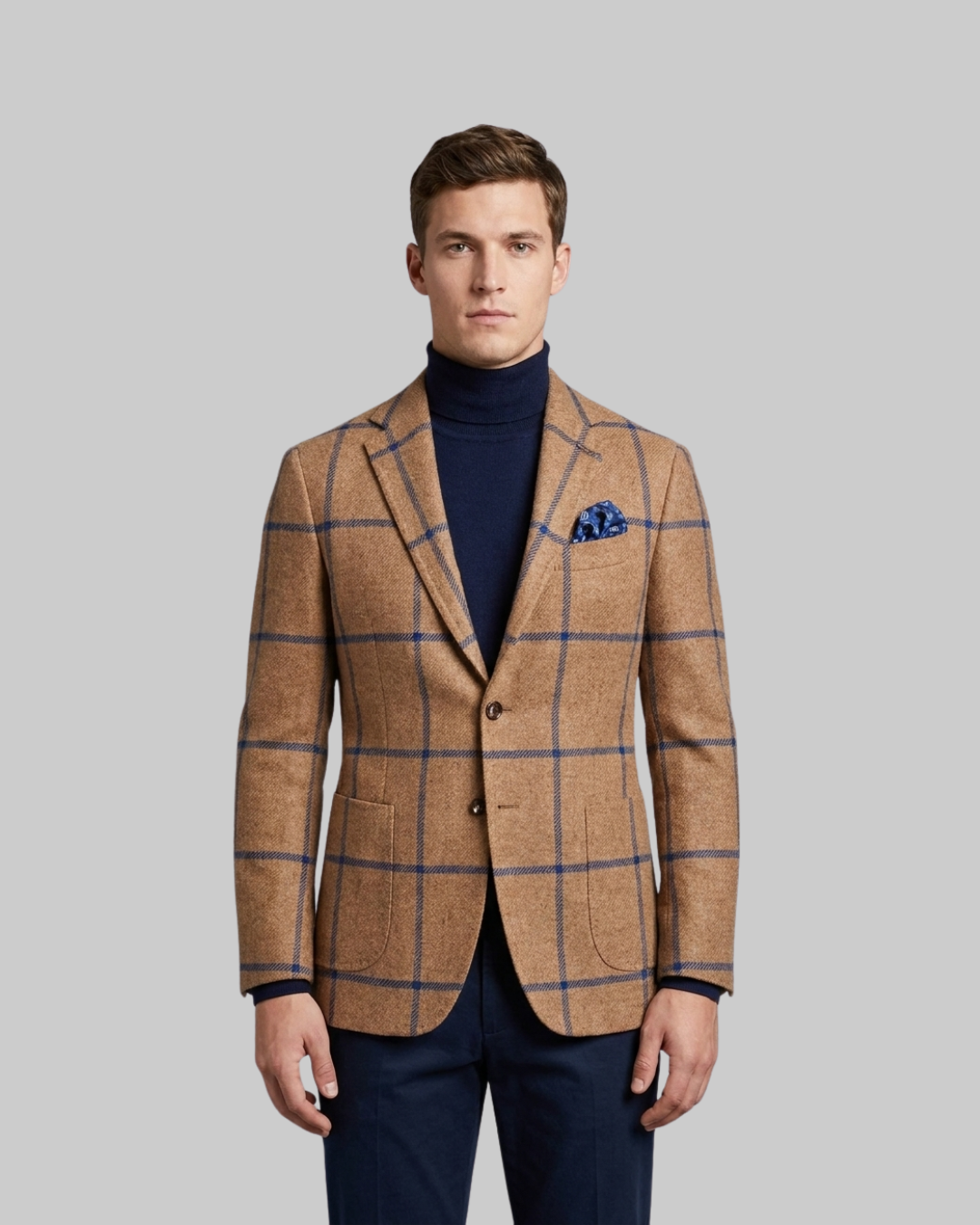 Men's Checked Tailored Blazer in khaki.