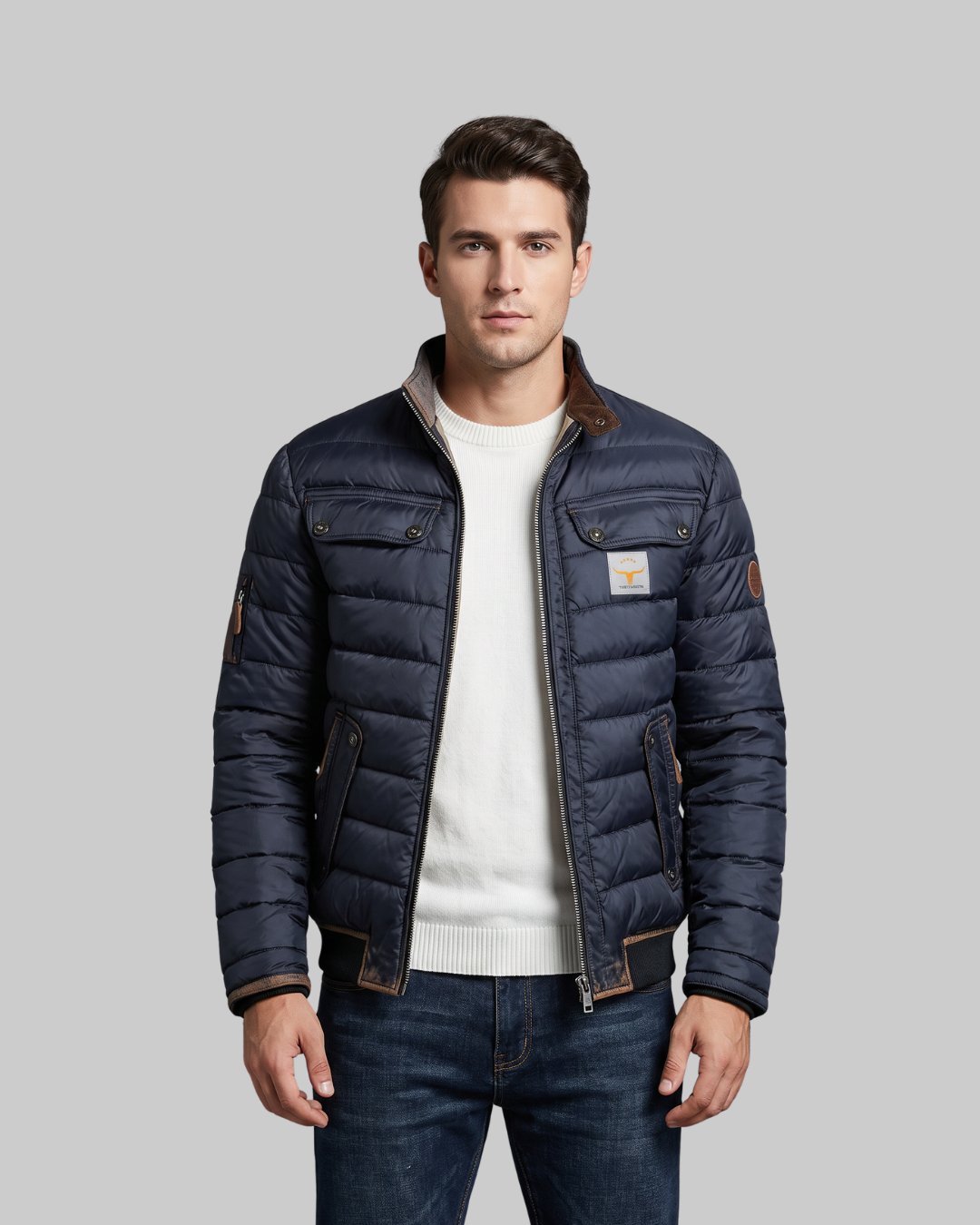 Men's Chest Flap Bomber Jacket in blue.