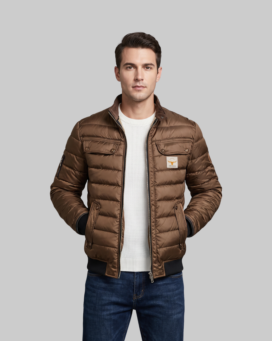 Men's Chest Flap Bomber Jacket in brown.