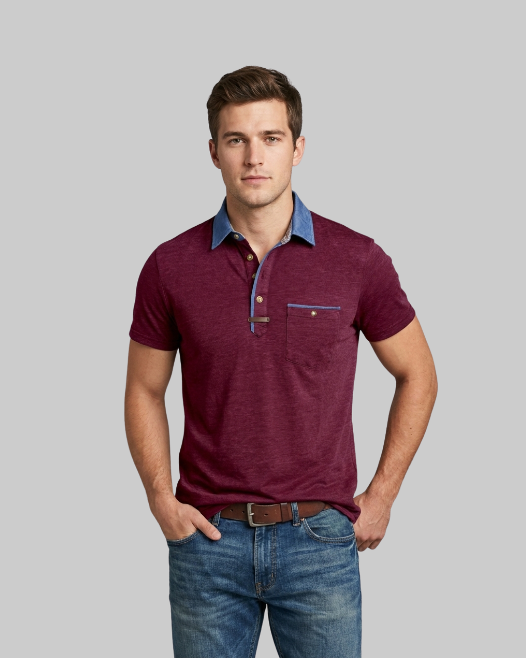 Men's Chest Pocket Polo Shirt in purple red.