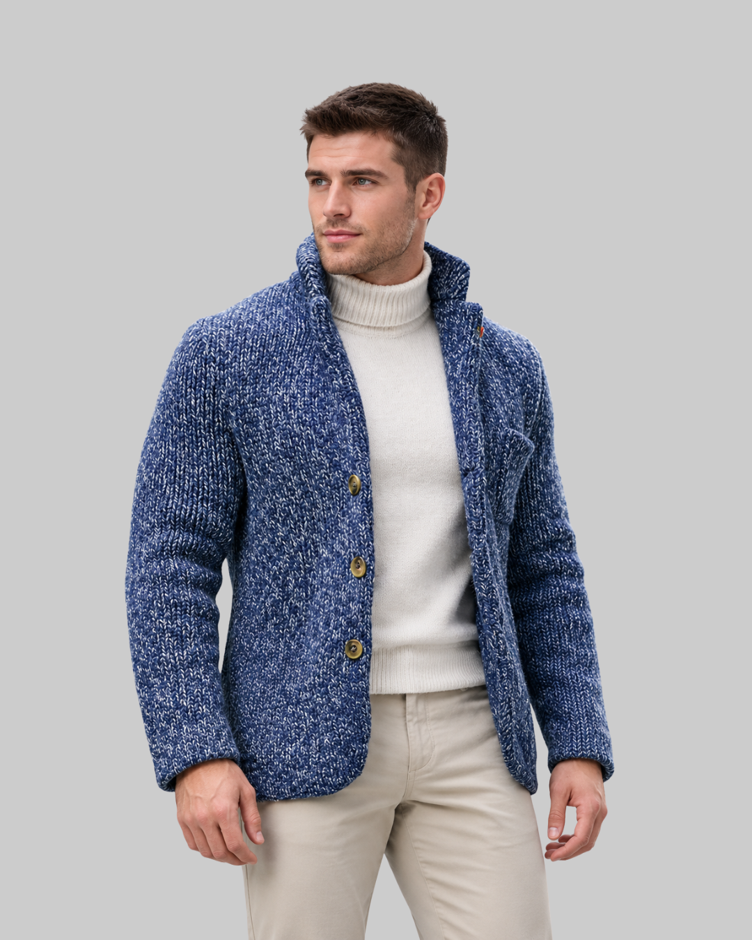 Men's Chunky Stand Collar Cardigan in dark blue.