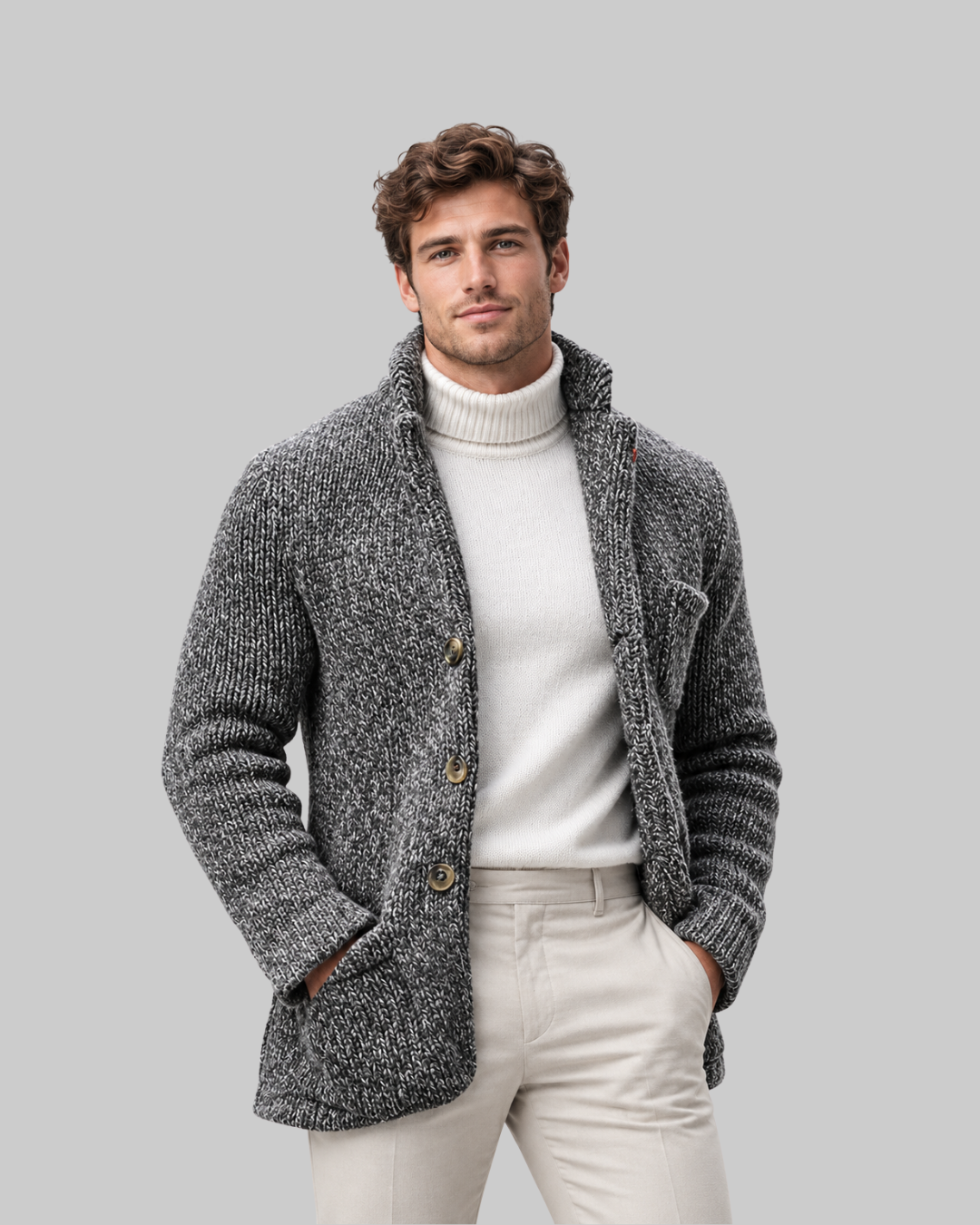 Men's Chunky Stand Collar Cardigan in grey.