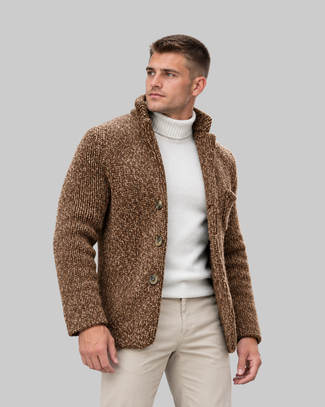Men's Chunky Stand Collar Cardigan in khaki.