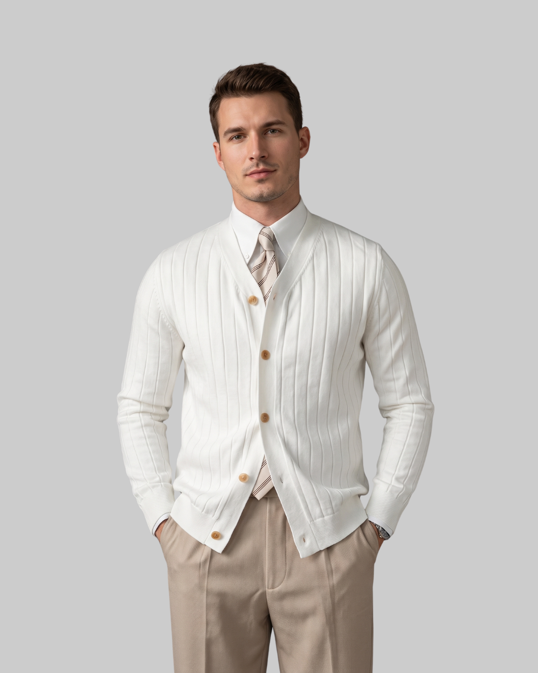 Men’s Classic Button-Up Cardigan in beige.