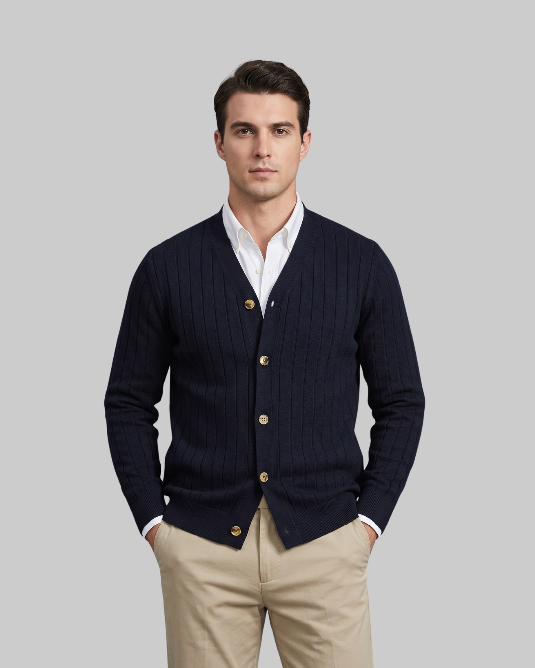 Men’s Classic Button-Up Cardigan in black.