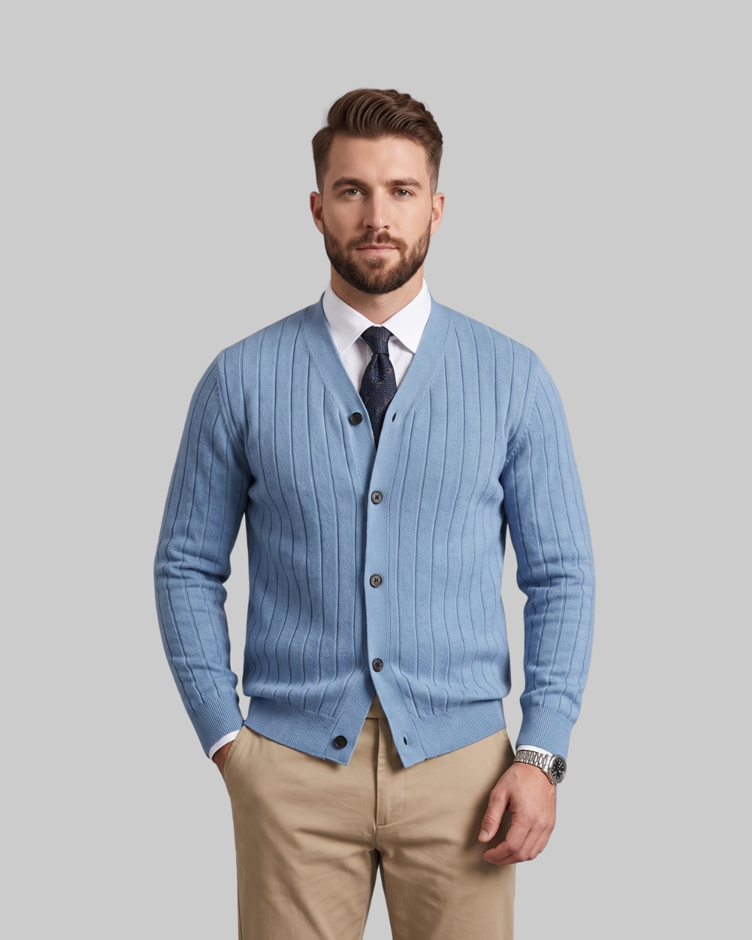 Men’s Classic Button-Up Cardigan  in blue.