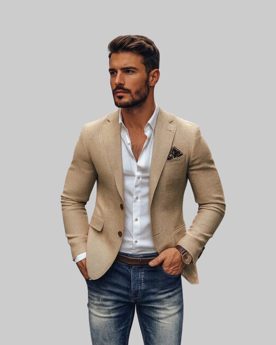 Men's Classic Tailored Blazer in khaki.