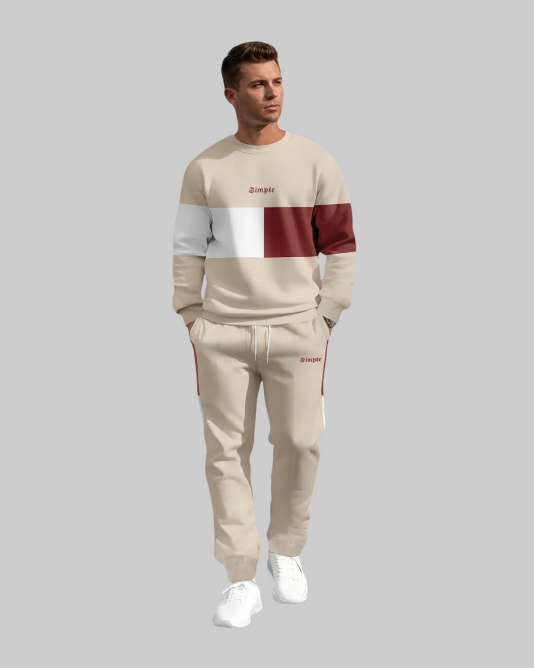 Men's Color Block Pullover Tracksuit Set in beige.