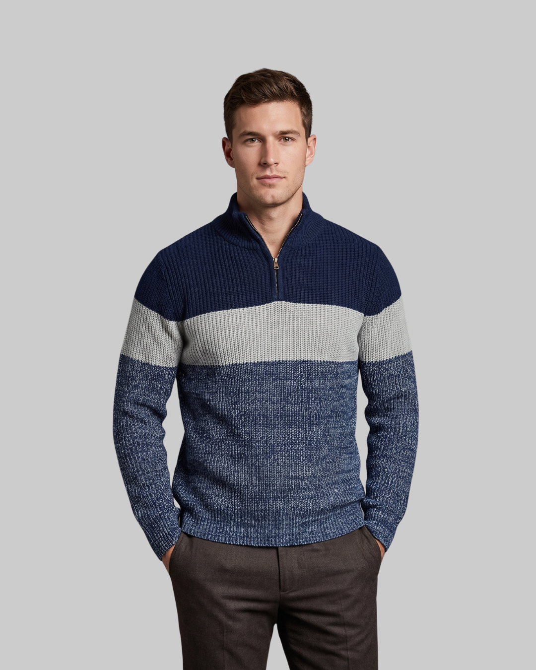 Men's Color Block Quarter Zip Sweater in grey.