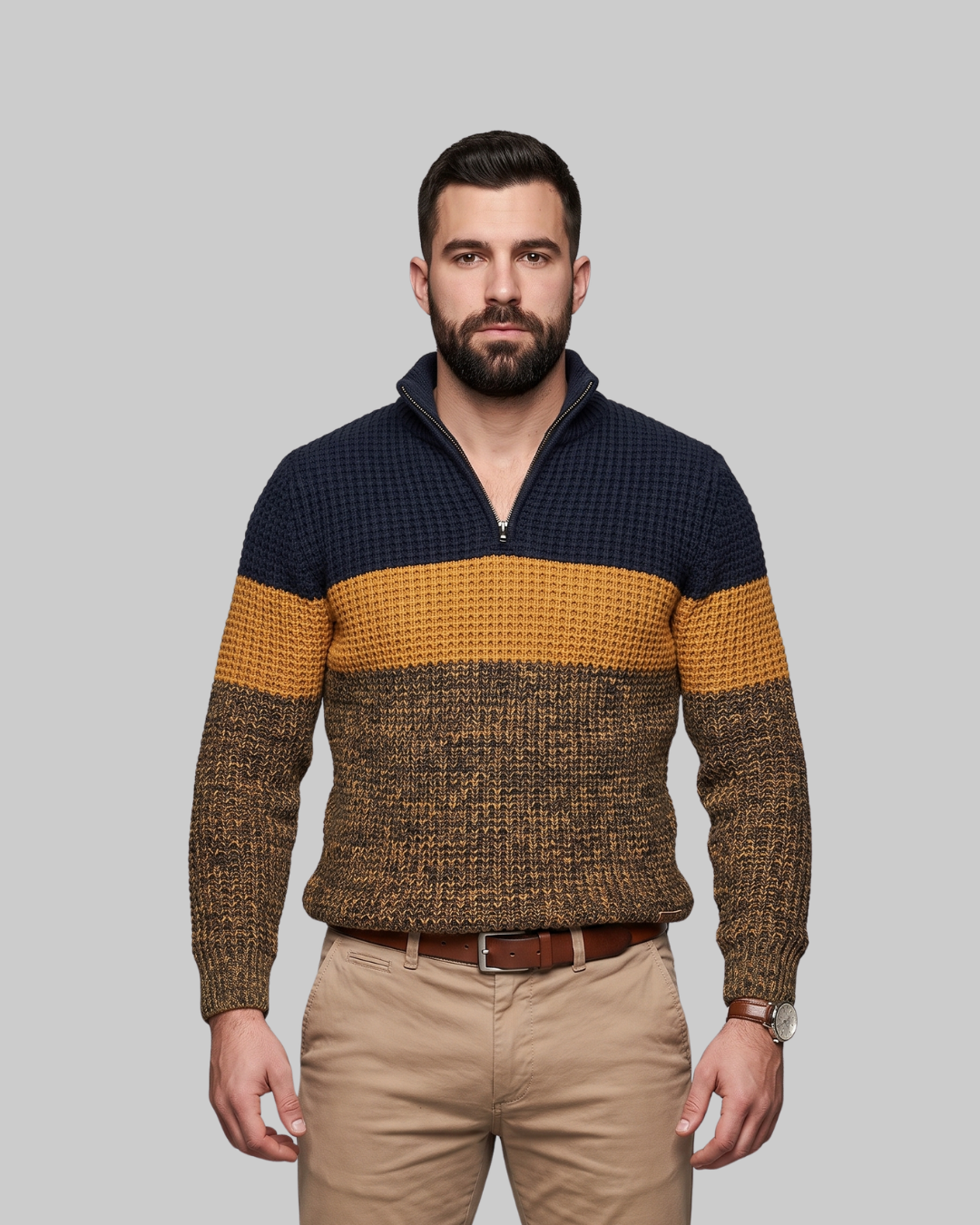 Men's Color Block Quarter Zip Sweater in blue.