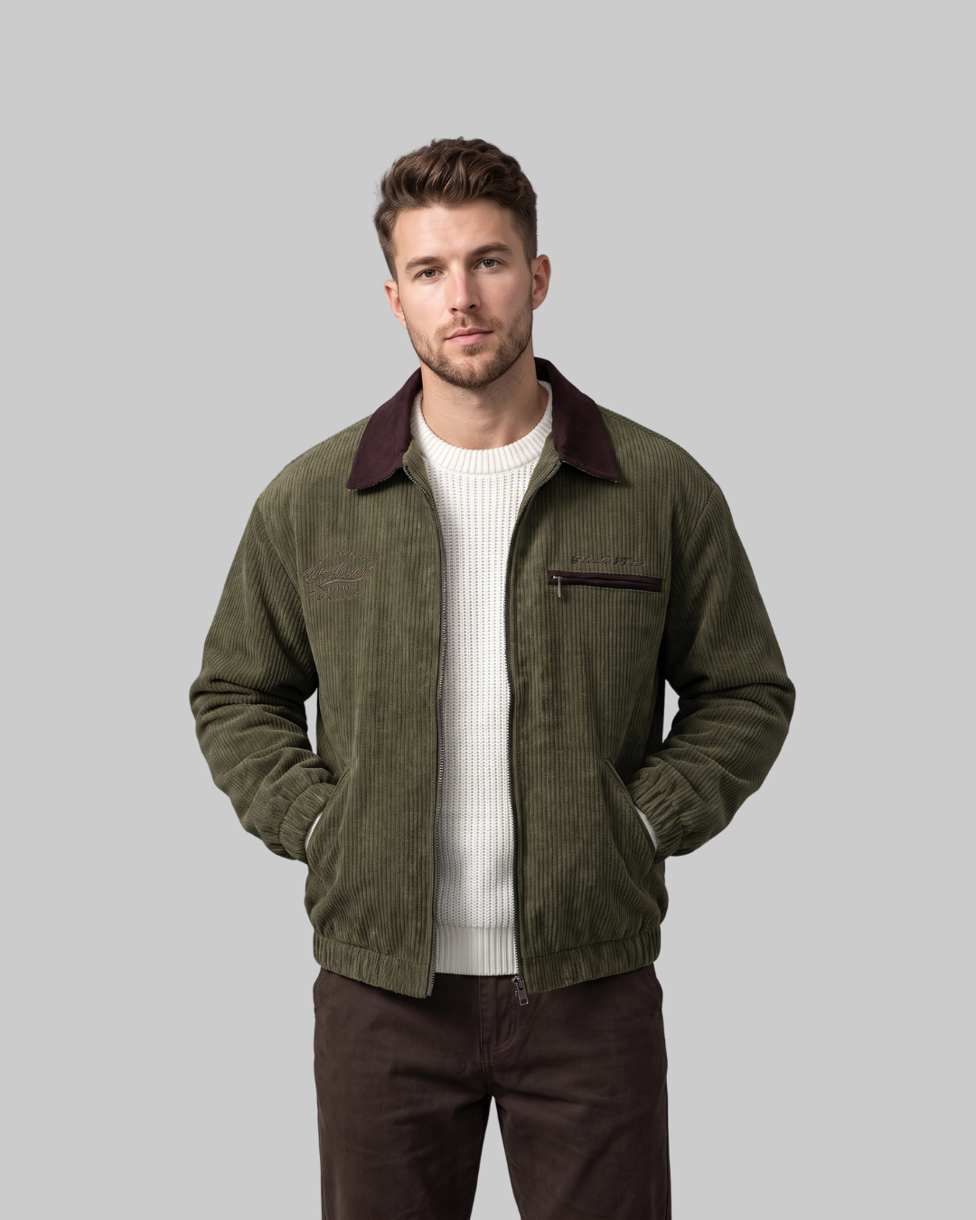 Men's Contrast Collar Corduroy Jacket in army green.
