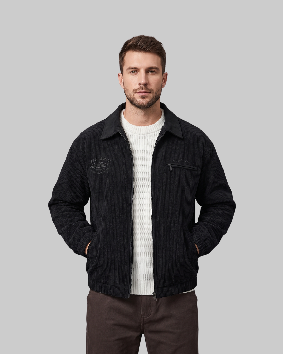 Men's Contrast Collar Corduroy Jacket in black.
