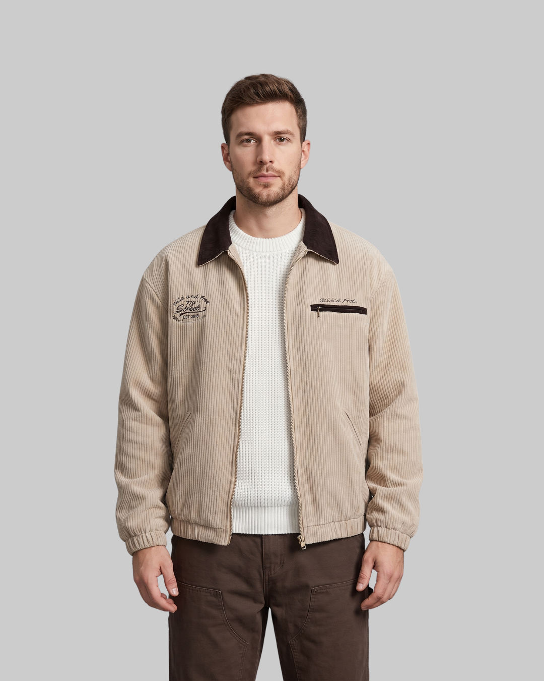 Men's Contrast Collar Corduroy Jacket in khaki.
