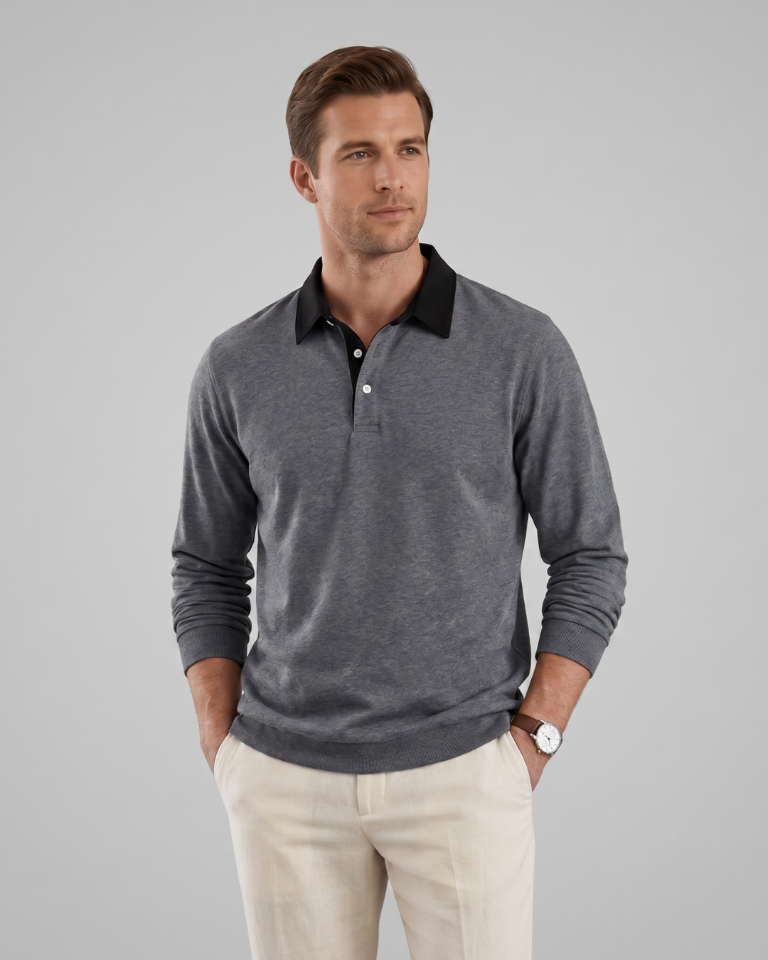 Men's Contrast Collar Polo Shirt in Dark Grey