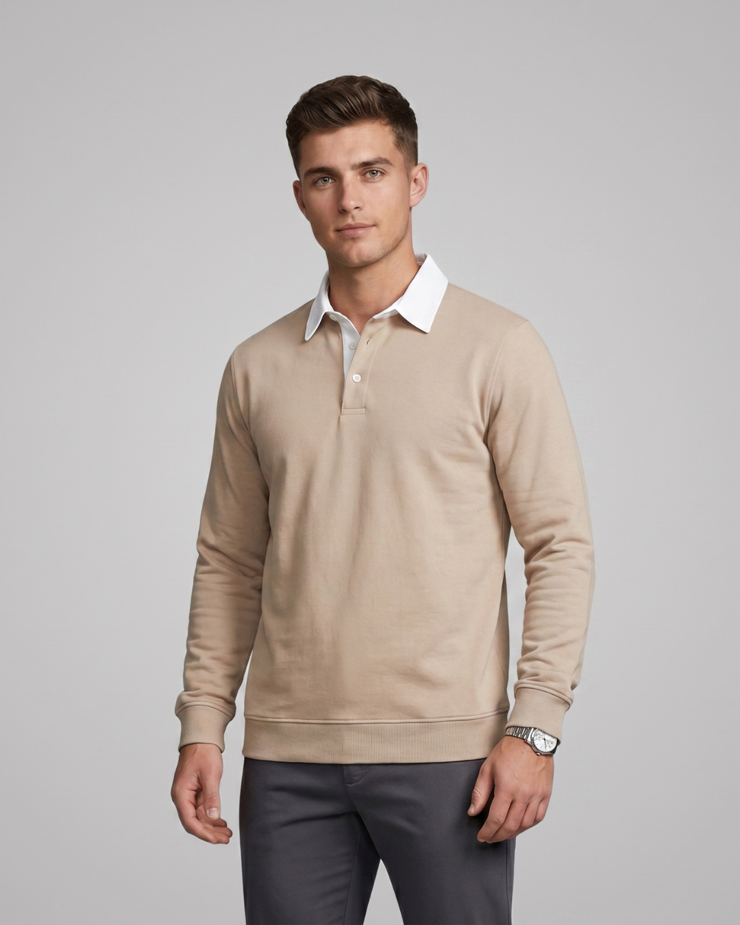 Men's Contrast Collar Polo Shirt in Khaki