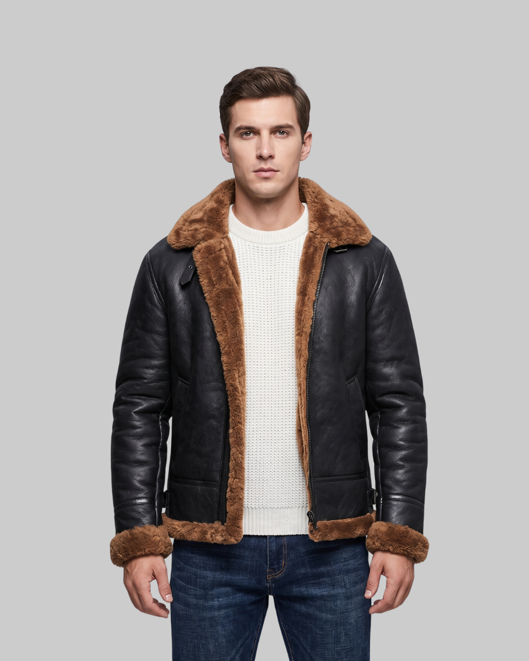 Men's Contrast Collar Winter Jacket in brown.