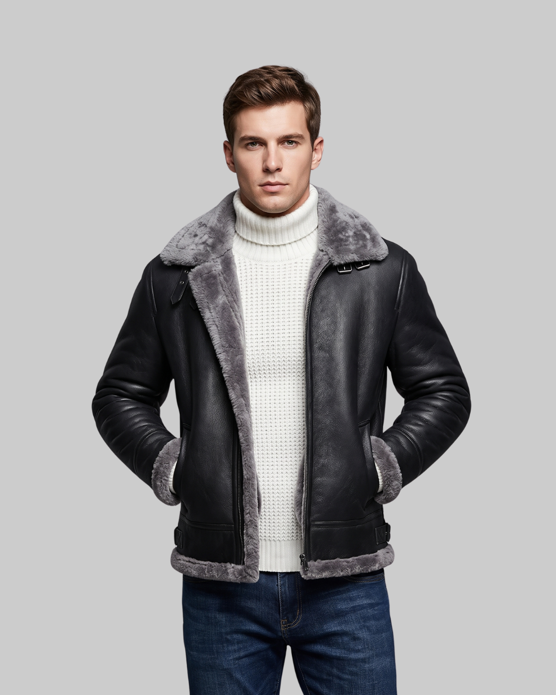Men's Contrast Collar Winter Jacket in grey.