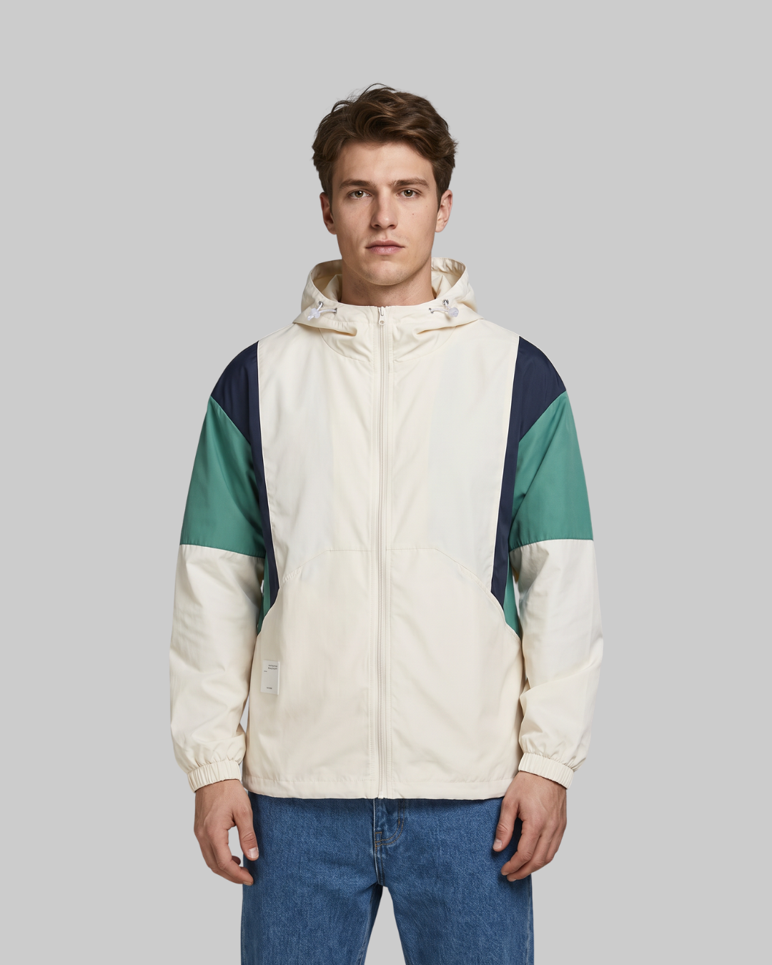 Men's Contrast Panel Zip Hoodie in beige.