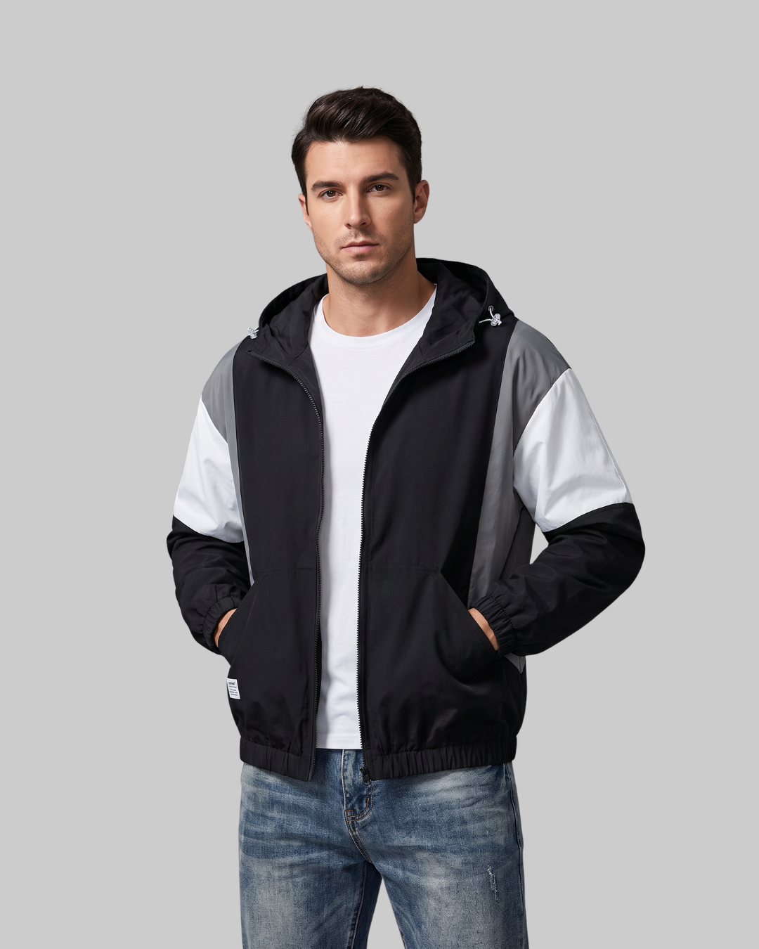 Men's Contrast Panel Zip Hoodie in black.