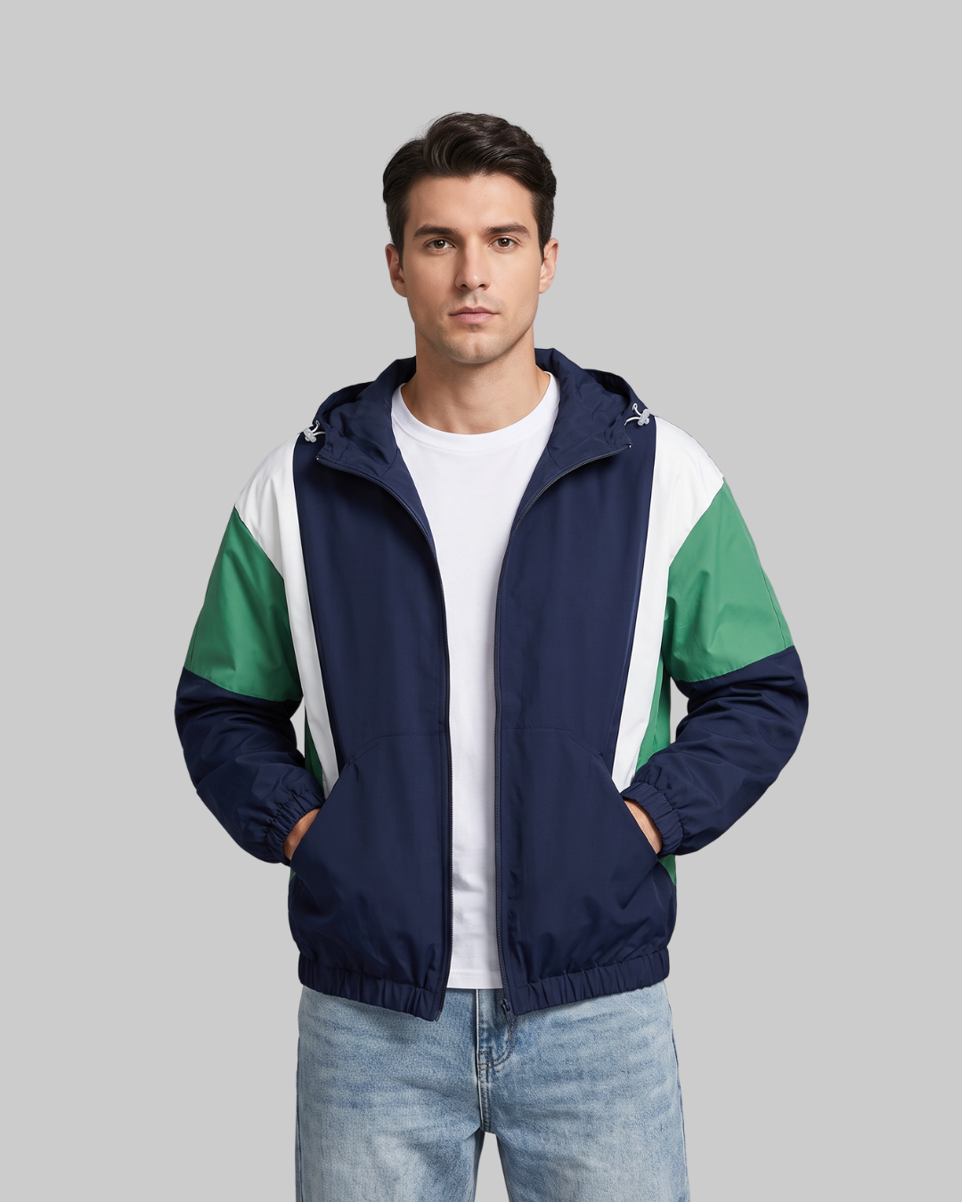 Men's Contrast Panel Zip Hoodie in navy blue.
