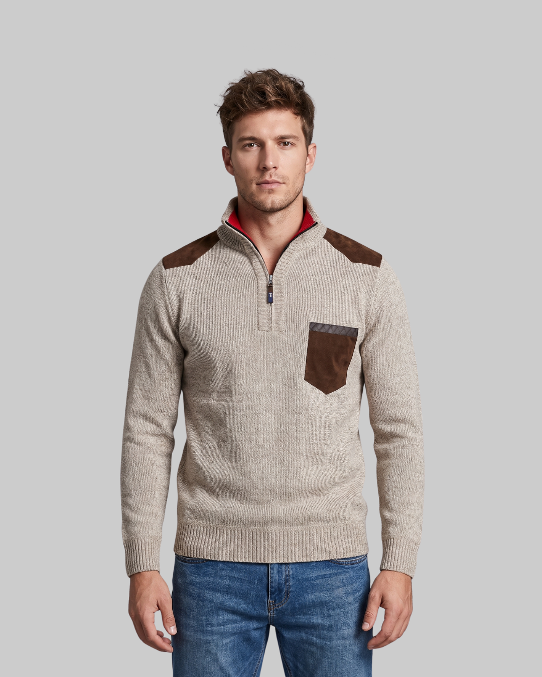Men's Contrast Pocket Quarter Zip Sweater in beige.