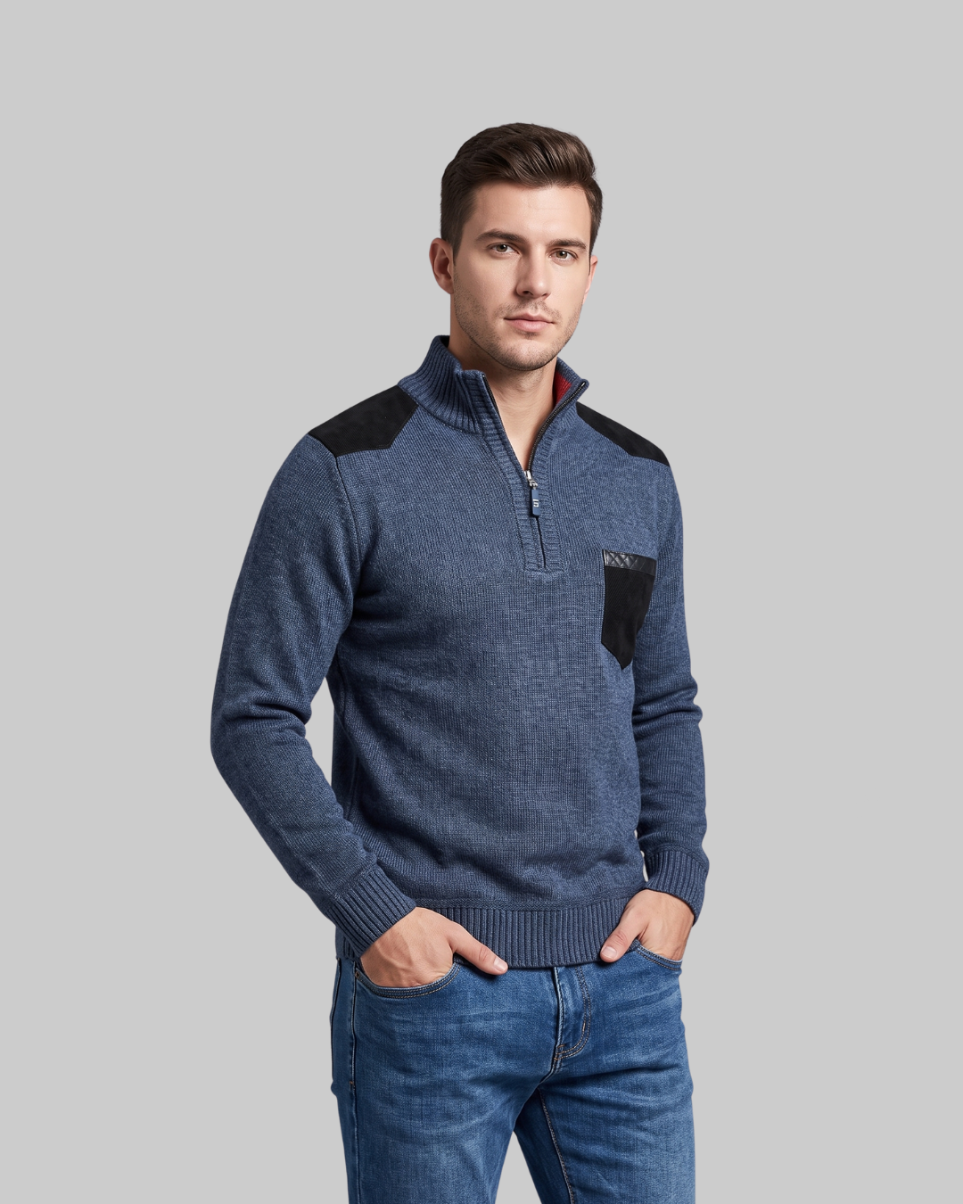Men's Contrast Pocket Quarter Zip Sweater in blue.