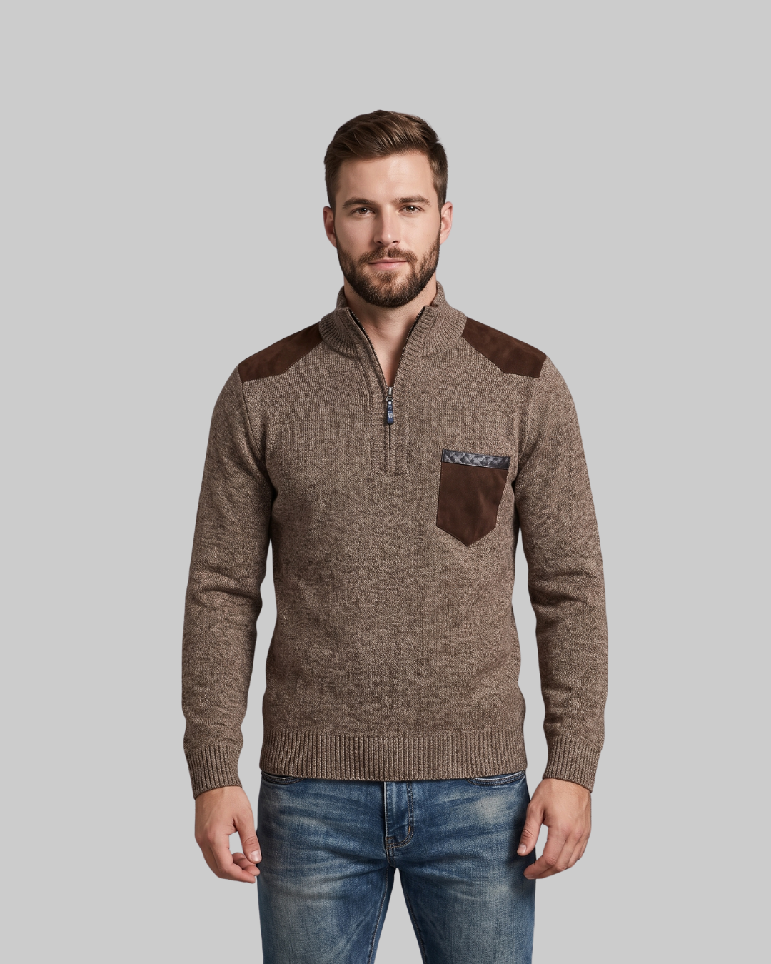 Men's Contrast Pocket Quarter Zip Sweater in coffee.