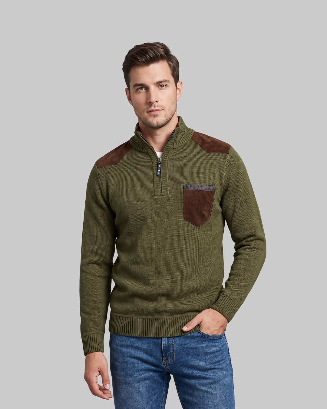 A man wearing an olive green quarter-zip knit sweater with brown contrast panels on the shoulders and chest pocket, paired with blue jeans, against a solid gray background.