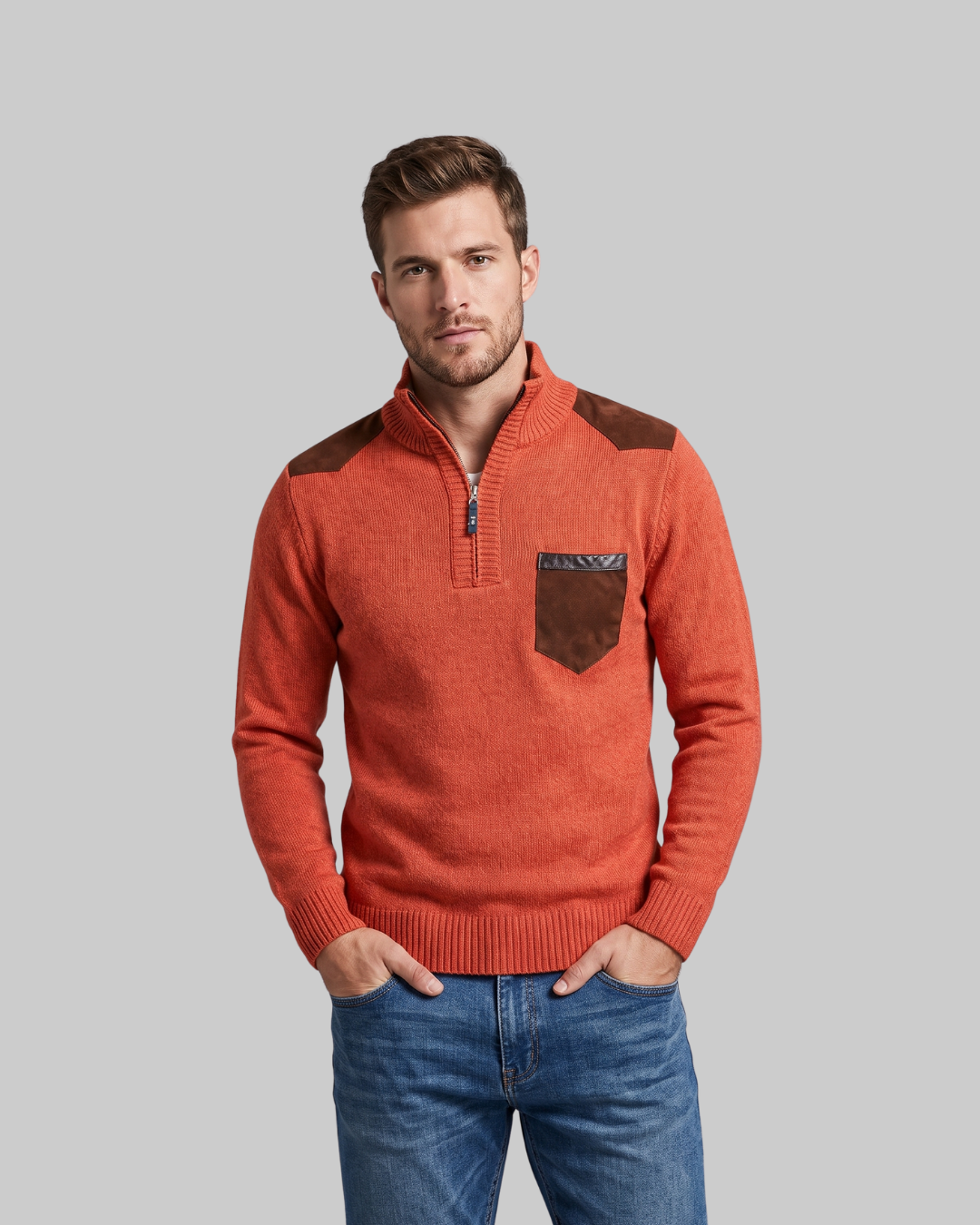 Men's Contrast Pocket Quarter Zip Sweater in orange.