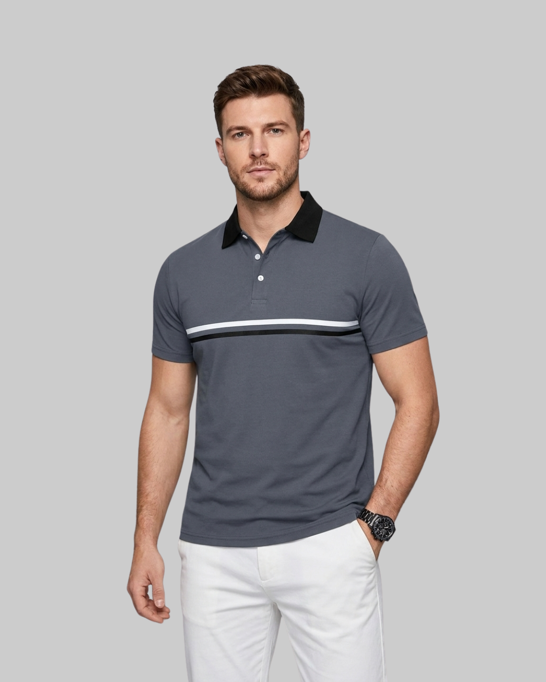 Men's Contrast Stripe Polo Shirt in dark grey.