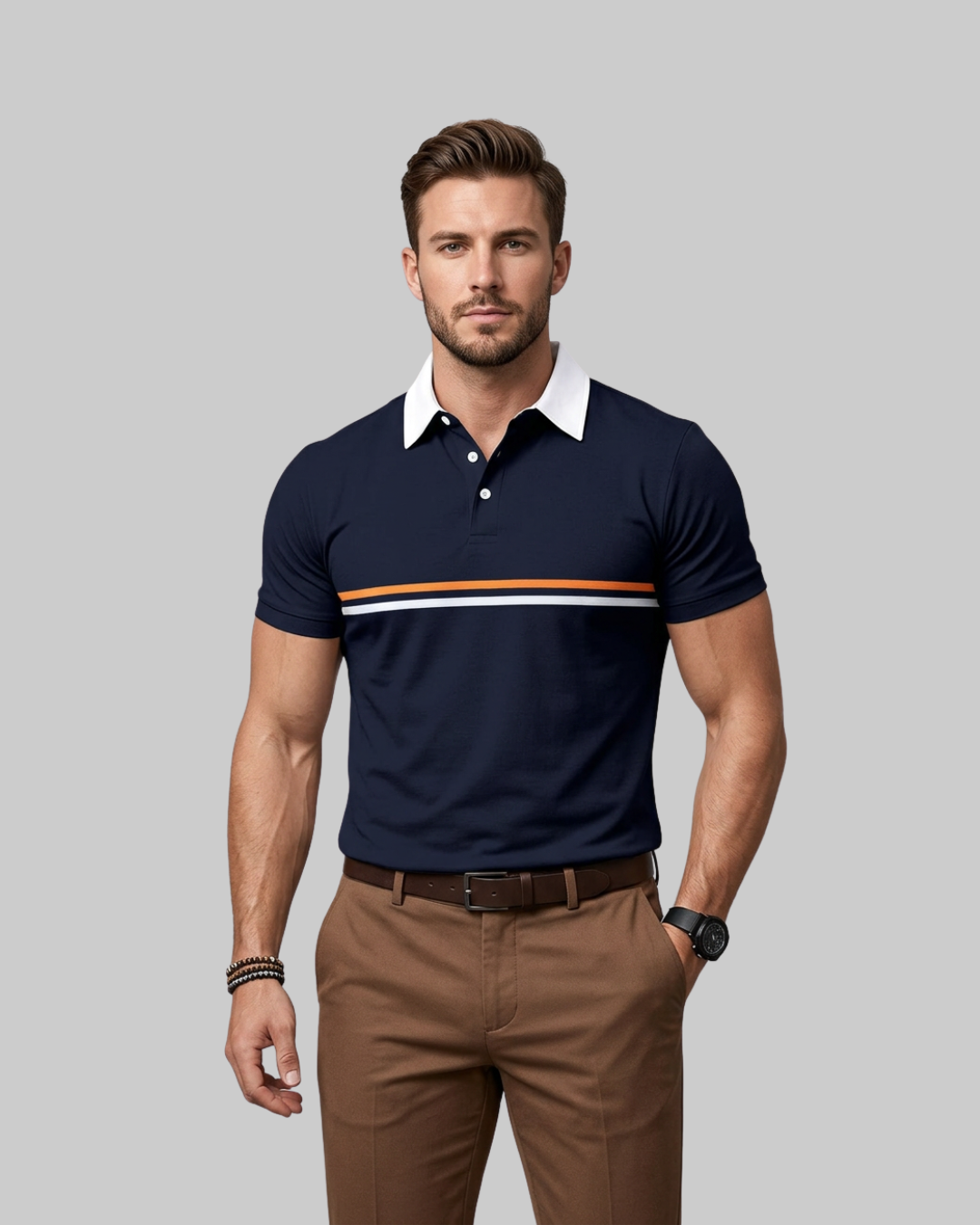 Men's Contrast Stripe Polo Shirt in navy.
