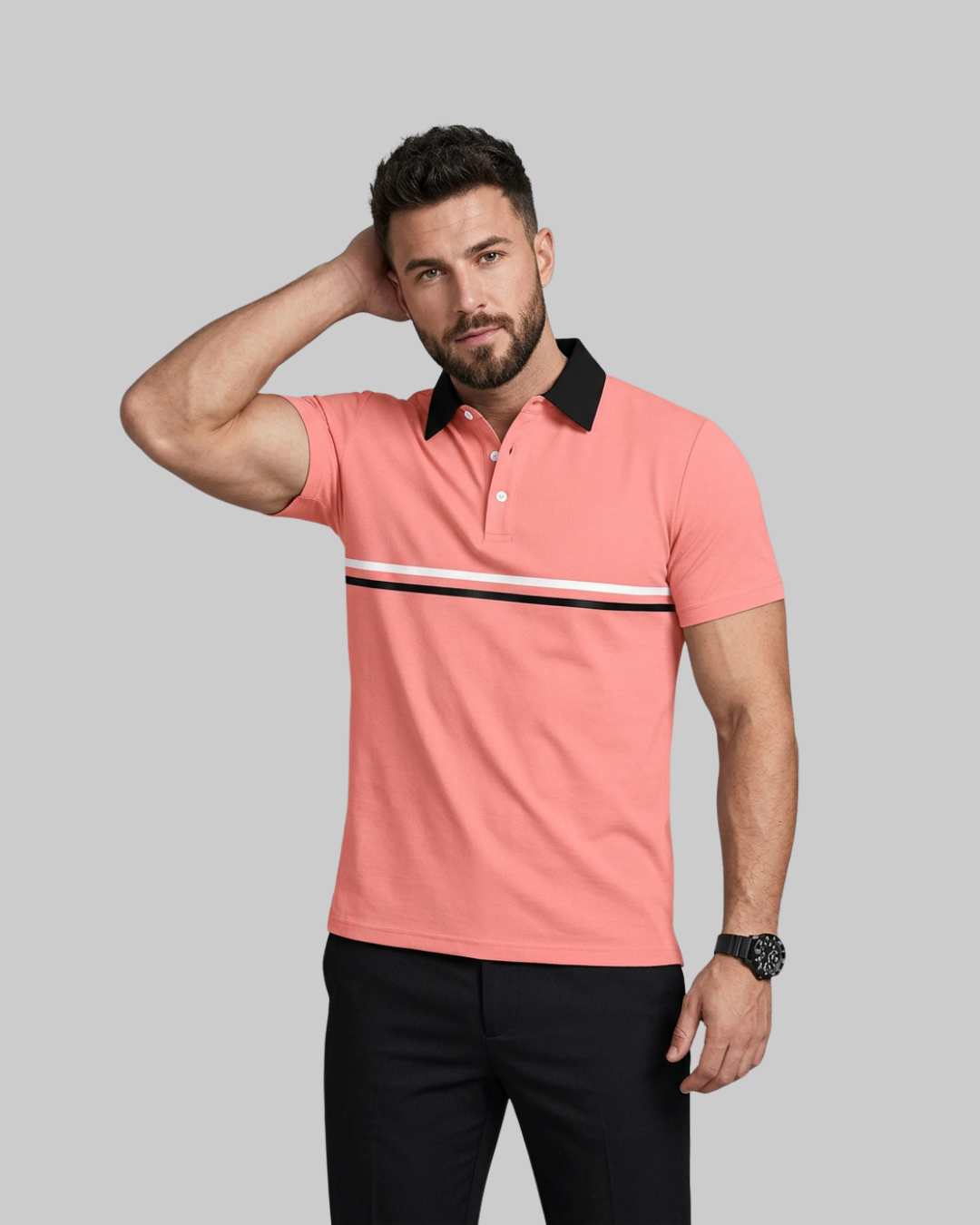 Men's Contrast Stripe Polo Shirt in pink.
