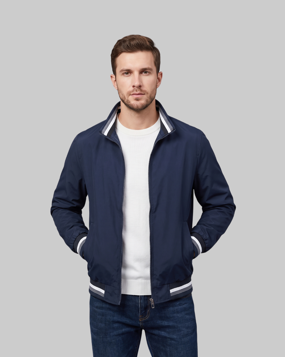 Men's Contrast Trim Bomber Jacket in dark blue.