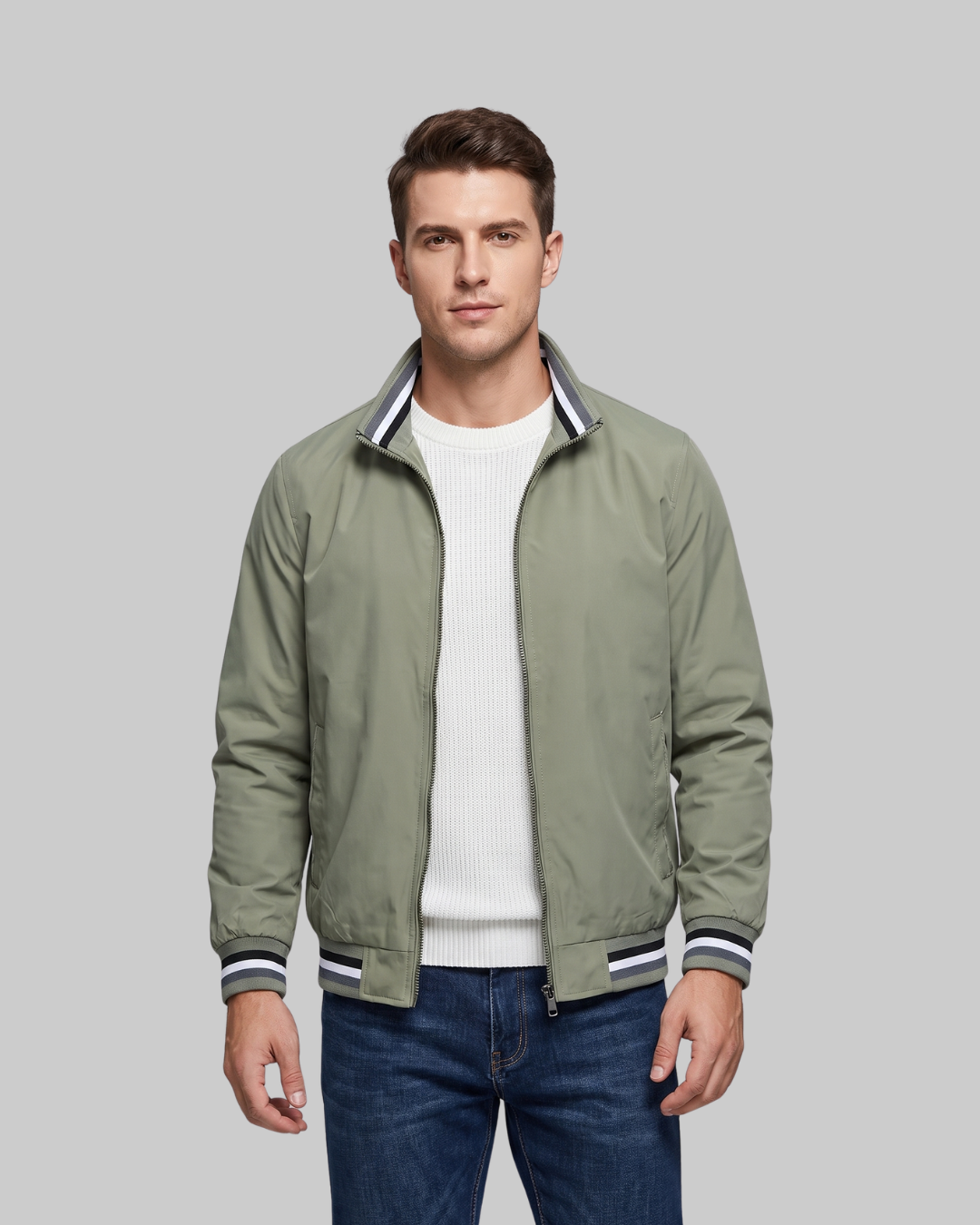 Men's Contrast Trim Bomber Jacket in green.