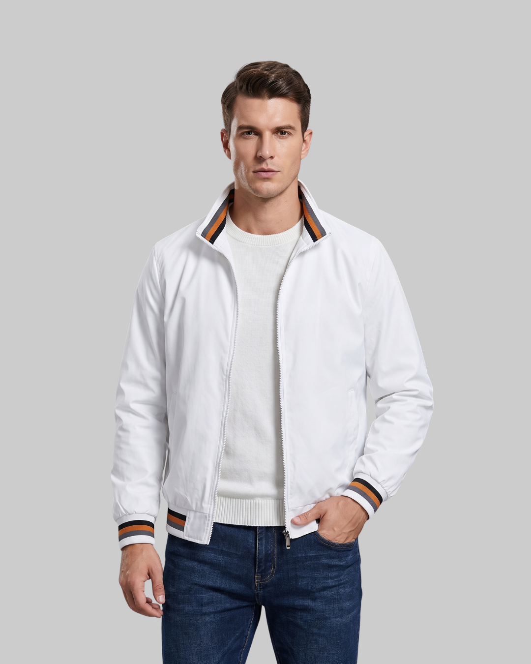 Men's Contrast Trim Bomber Jacket in white.