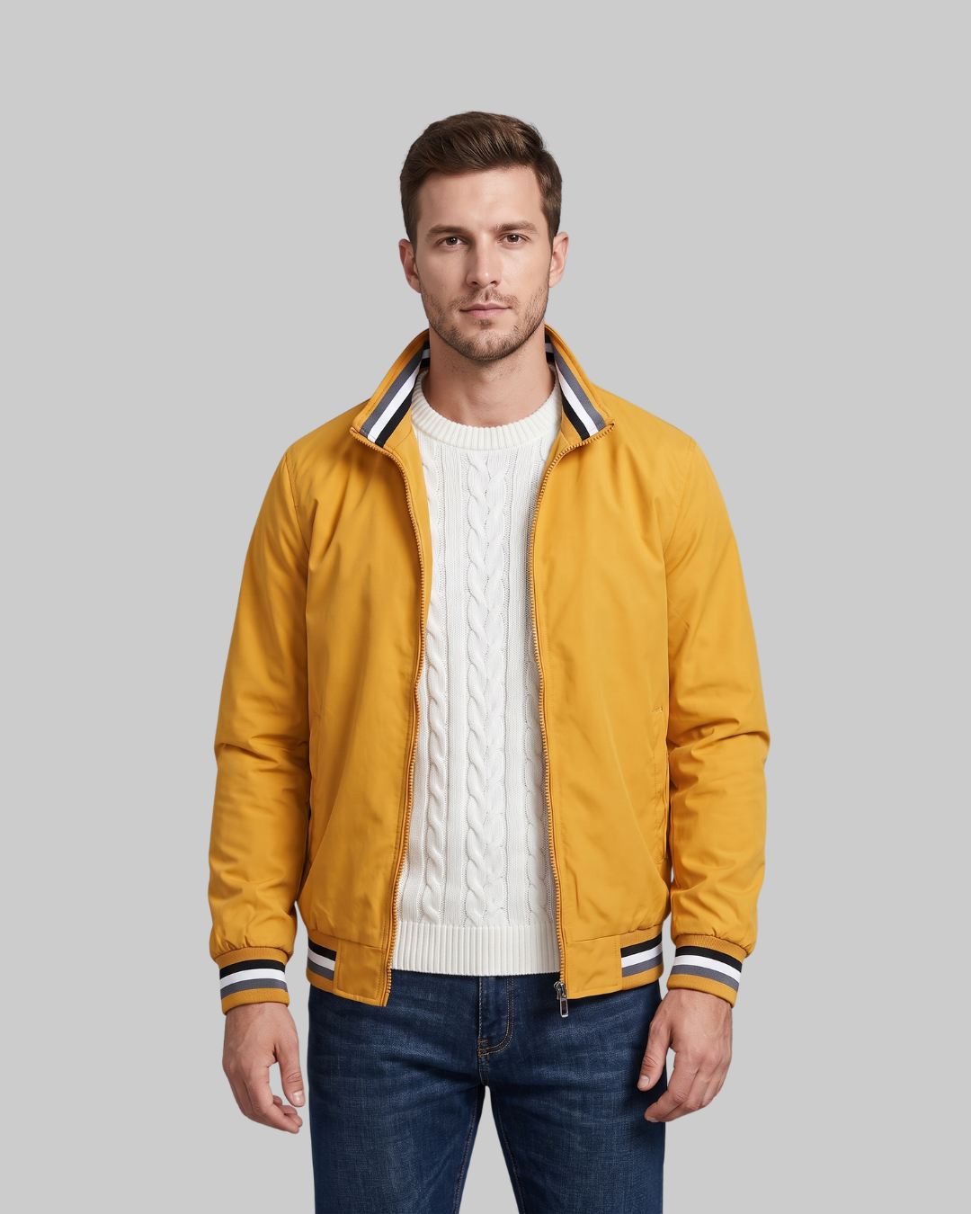 Men's Contrast Trim Bomber Jacket in yellow.