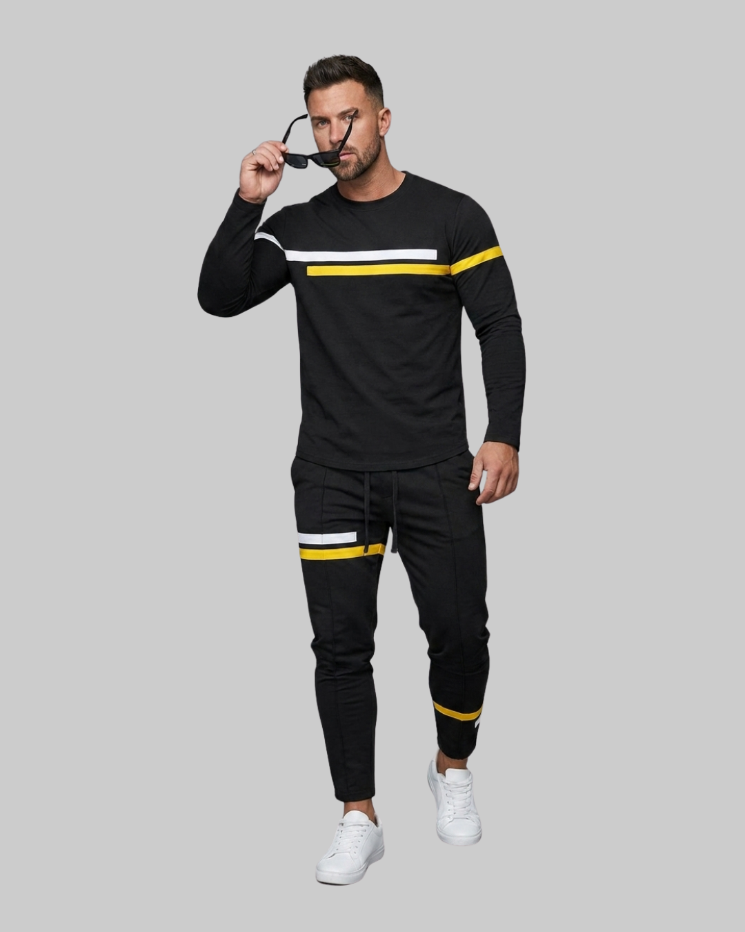 Men's Crewneck Stripe Tracksuit Set in black.